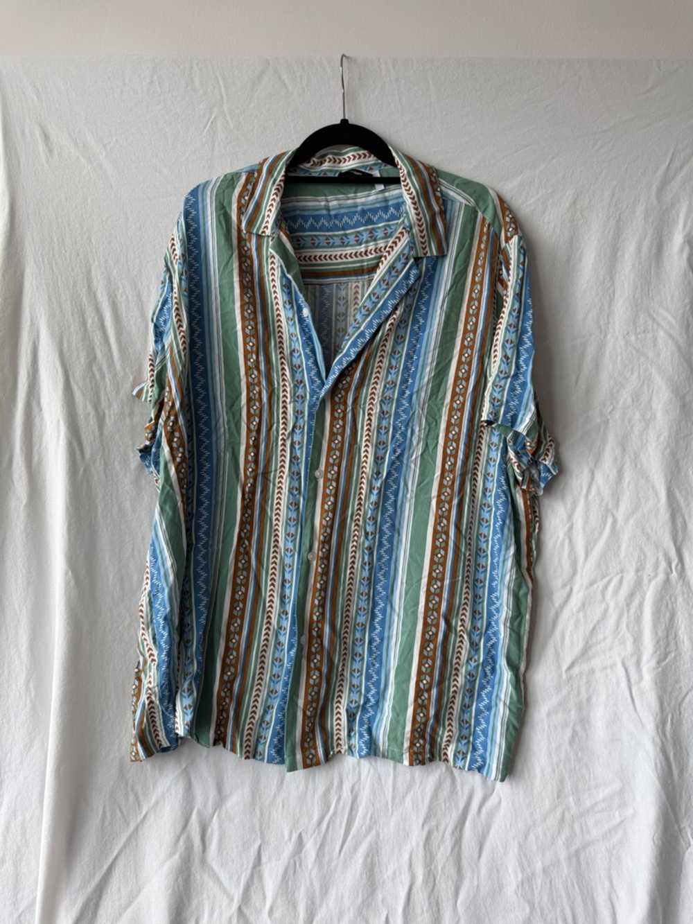 ASOS Vertical Stripe Short-Sleeve Button-Down Shirt - Blue, Green & Brown
